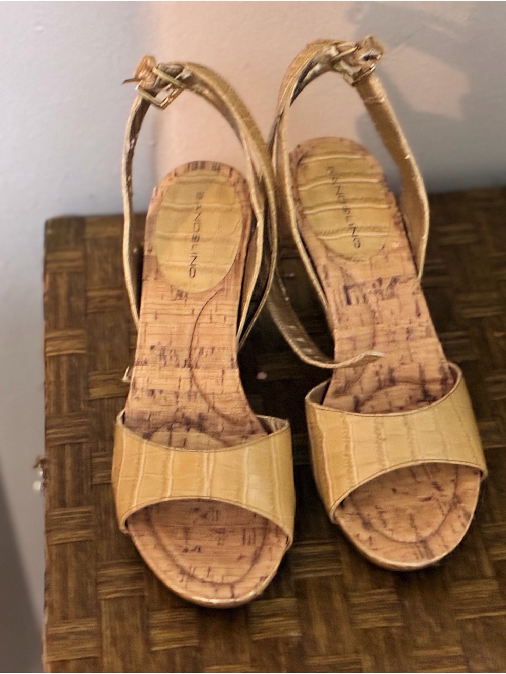 Bandolino Gold-Tone Cork Pattern Wedge Sandals